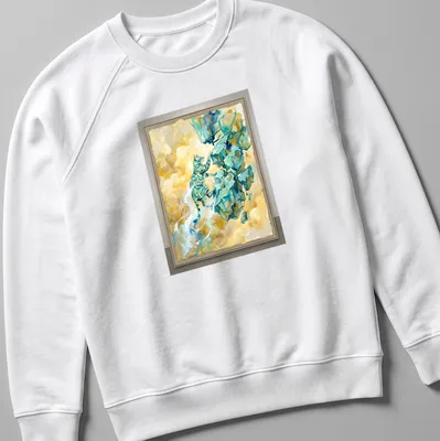 Abstract watercolor print of a Bengal cat climbing over rocks in turquoise and yellow — printed on a unisex sweatshirt