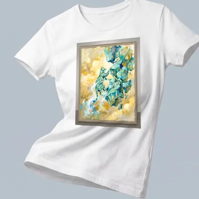 Abstract watercolor print of a Bengal cat climbing over rocks in turquoise and yellow — printed on a women's shirt