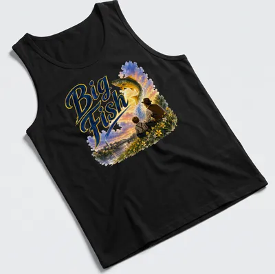 Whimsical illustration of a boy and man with a big fish, colorful design — printed on a tank top