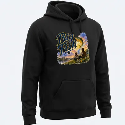 Whimsical illustration of a boy and man with a big fish, colorful design — printed on a unisex hoodie