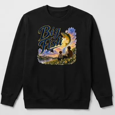 Whimsical illustration of a boy and man with a big fish, colorful design — printed on a unisex sweatshirt