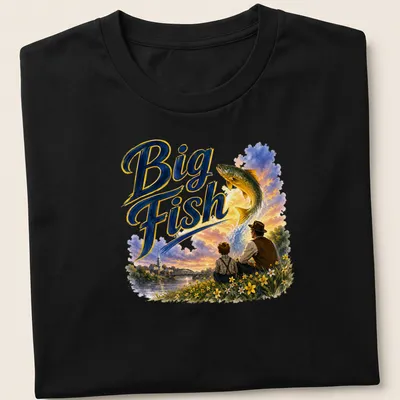 Whimsical illustration of a boy and man with a big fish, colorful design