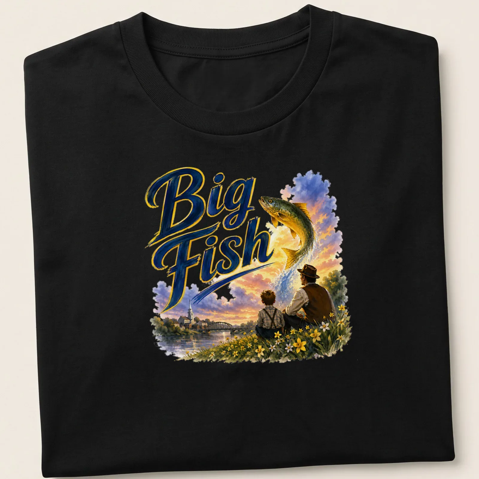 Whimsical illustration of a boy and man with a big fish, colorful design — printed on a unisex t-shirt