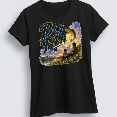 Whimsical illustration of a boy and man with a big fish, colorful design — printed on a women's shirt