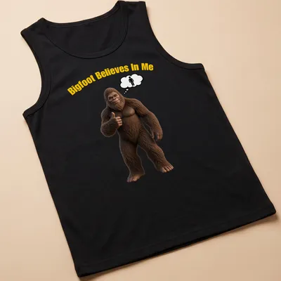 Funny Sasquatch t-shirt featuring cartoon imagery of Bigfoot with text — printed on a tank top