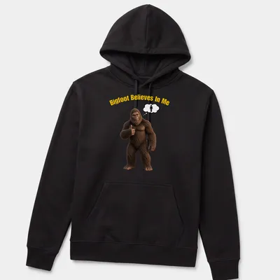 Funny Sasquatch t-shirt featuring cartoon imagery of Bigfoot with text — printed on a unisex hoodie