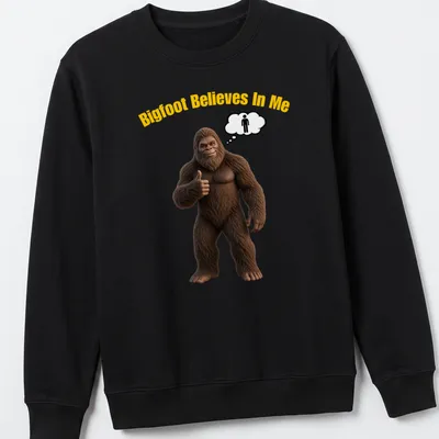 Funny Sasquatch t-shirt featuring cartoon imagery of Bigfoot with text — printed on a unisex sweatshirt