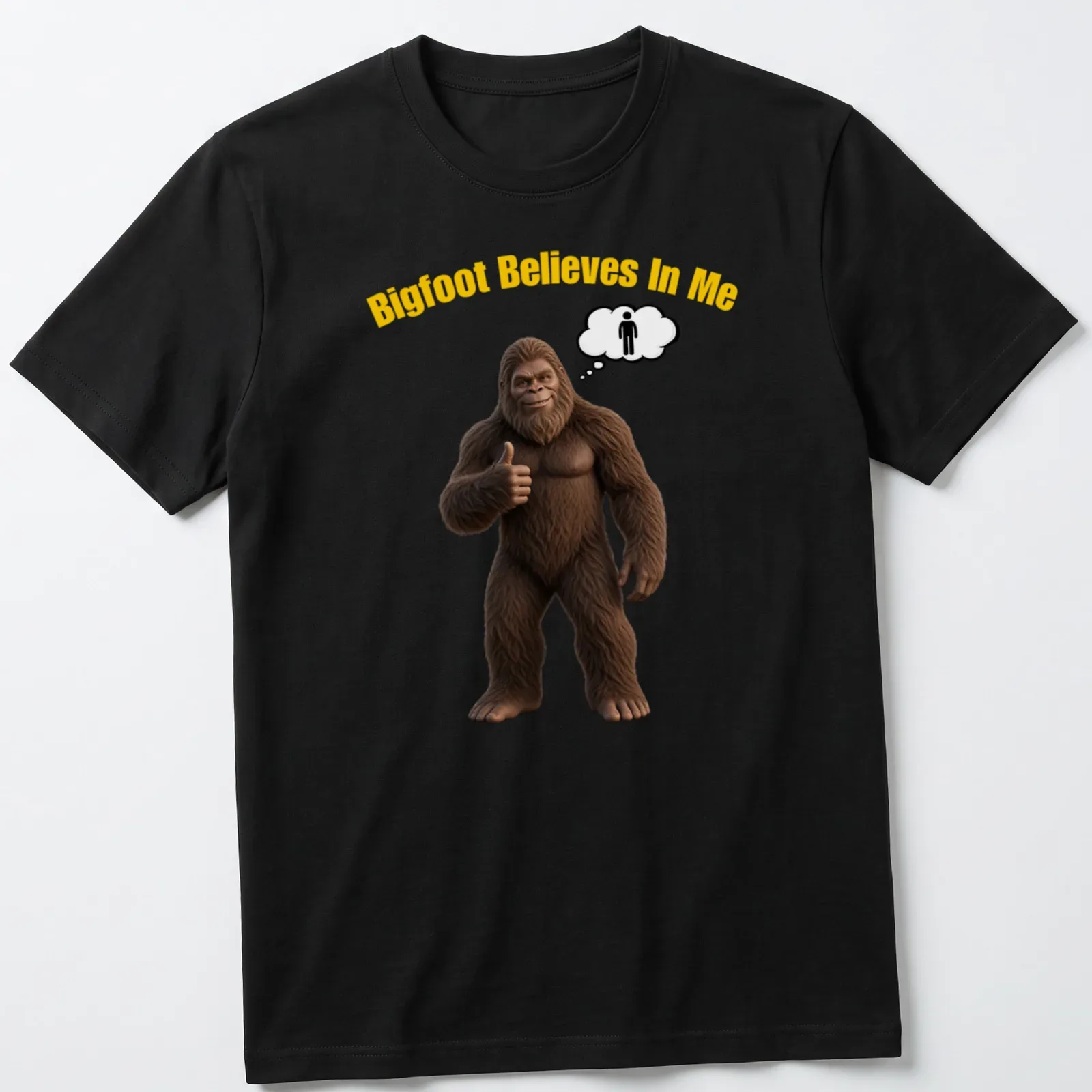 Funny Sasquatch t-shirt featuring cartoon imagery of Bigfoot with text — printed on a unisex t-shirt