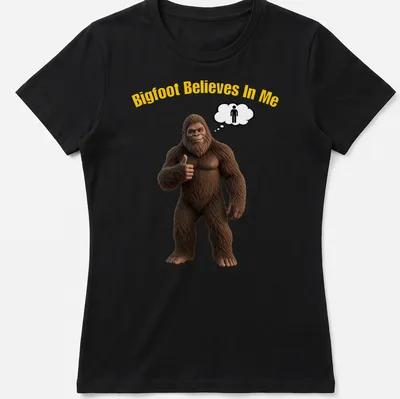 Funny Sasquatch t-shirt featuring cartoon imagery of Bigfoot with text — printed on a women's shirt