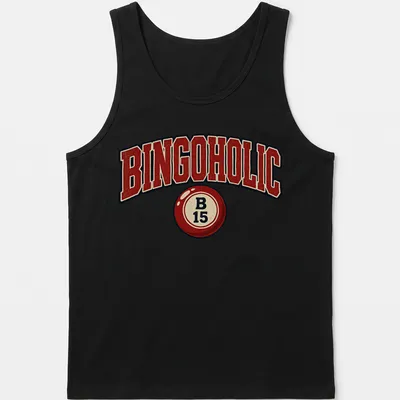 Vintage distressed BINGOHOLIC t-shirt featuring a bingo ball illustration — printed on a tank top
