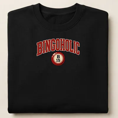 Vintage distressed BINGOHOLIC t-shirt featuring a bingo ball illustration — printed on a unisex sweatshirt