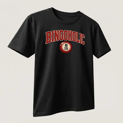 Vintage distressed BINGOHOLIC t-shirt featuring a bingo ball illustration — printed on a unisex t-shirt (angled view)