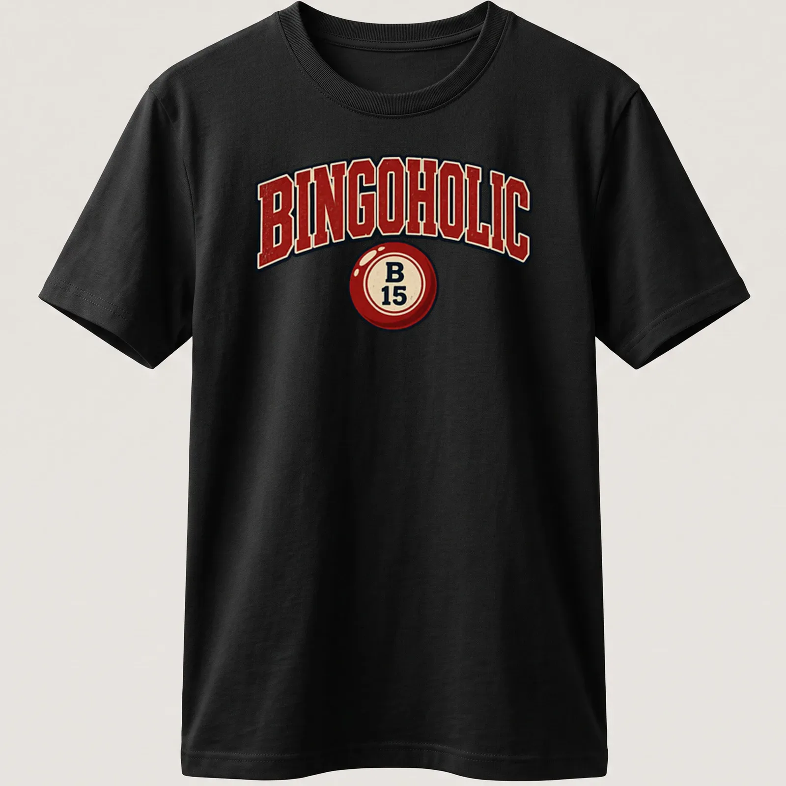 Vintage distressed BINGOHOLIC t-shirt featuring a bingo ball illustration — printed on a unisex t-shirt