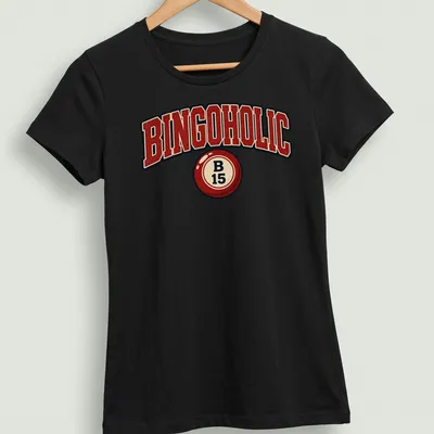 Vintage distressed BINGOHOLIC t-shirt featuring a bingo ball illustration — printed on a women's shirt