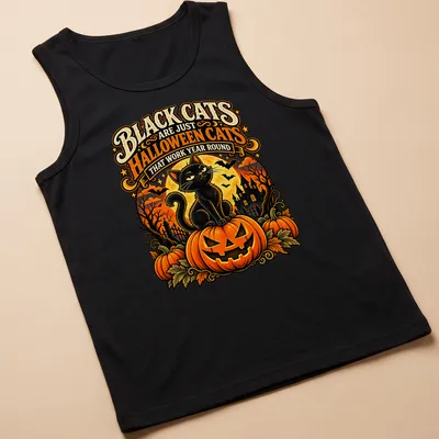 Vintage Halloween themed shirt with a black cat and colorful text — printed on a tank top