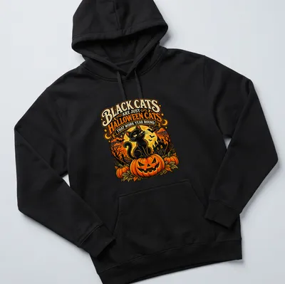 Vintage Halloween themed shirt with a black cat and colorful text — printed on a unisex hoodie