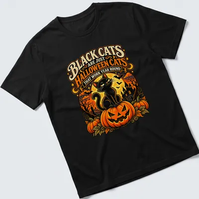 Vintage Halloween themed shirt with a black cat and colorful text