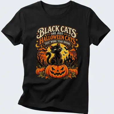 Vintage Halloween themed shirt with a black cat and colorful text — printed on a women's shirt