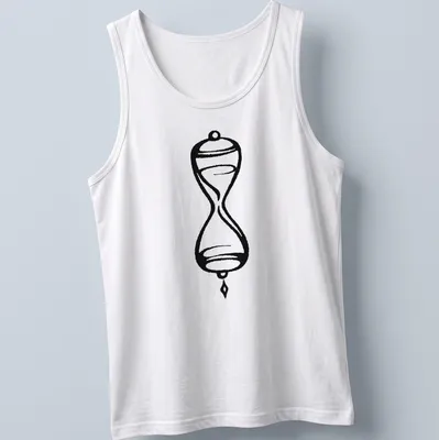 Minimalist black ink hourglass tattoo design on — printed on a tank top