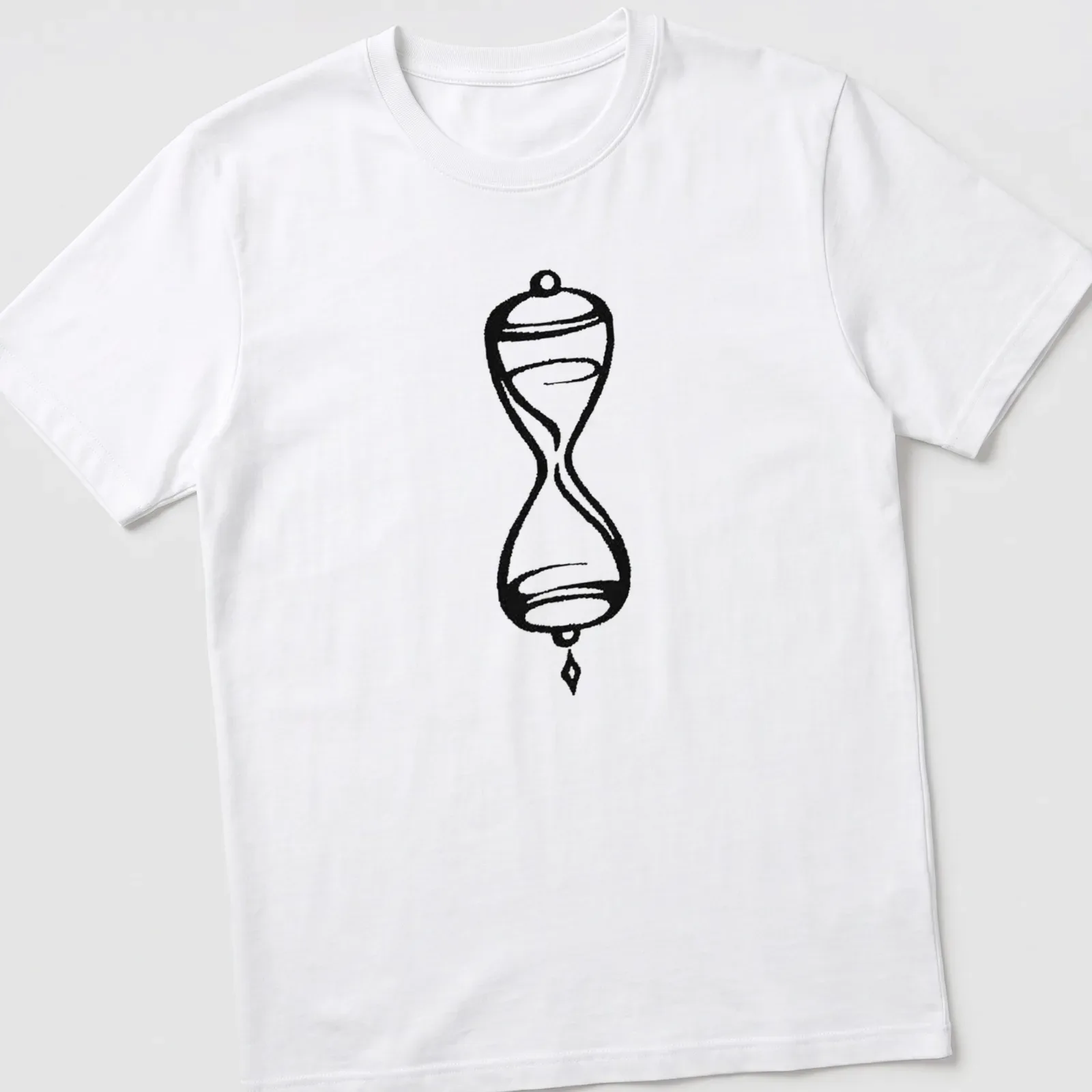 Minimalist black ink hourglass tattoo design on — printed on a unisex t-shirt