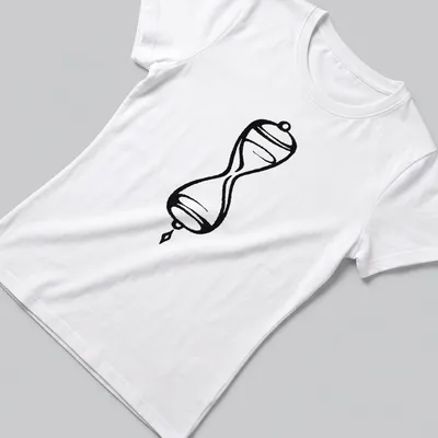 Minimalist black ink hourglass tattoo design on — printed on a women's shirt