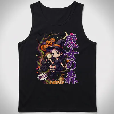 Kawaii illustration of a forest witch and black cat with Halloween text — printed on a tank top