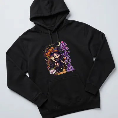 Kawaii illustration of a forest witch and black cat with Halloween text — printed on a unisex hoodie