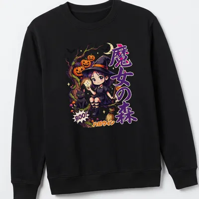 Kawaii illustration of a forest witch and black cat with Halloween text — printed on a unisex sweatshirt