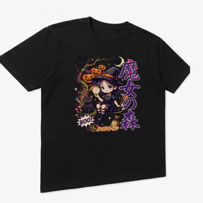 Kawaii illustration of a forest witch and black cat with Halloween text — printed on a unisex t-shirt (angled view)