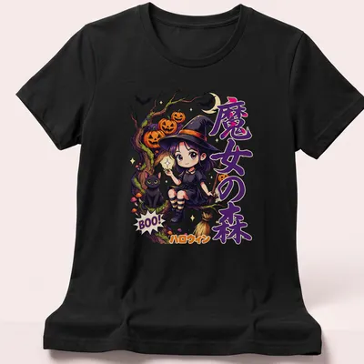 Kawaii illustration of a forest witch and black cat with Halloween text — printed on a women's shirt