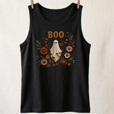 Illustration of a friendly ghost with the text BOO, surrounded by colorful 3D floral accents. — printed on a tank top