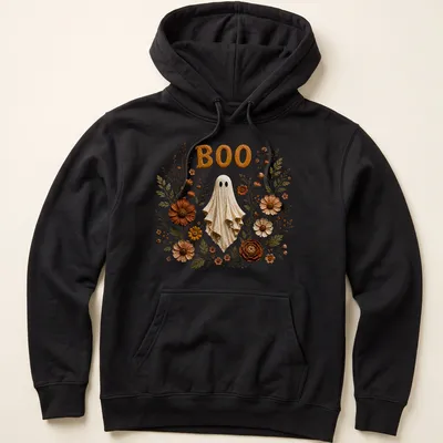 Illustration of a friendly ghost with the text BOO, surrounded by colorful 3D floral accents. — printed on a unisex hoodie