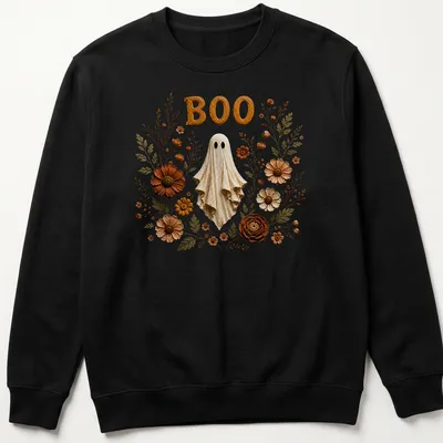 Illustration of a friendly ghost with the text BOO, surrounded by colorful 3D floral accents. — printed on a unisex sweatshirt