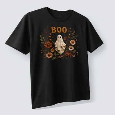 Illustration of a friendly ghost with the text BOO, surrounded by colorful 3D floral accents. — printed on a unisex t-shirt (angled view)