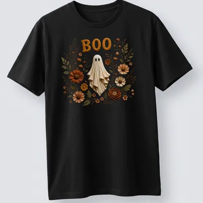Illustration of a friendly ghost with the text BOO, surrounded by colorful 3D floral accents. — printed on a unisex t-shirt