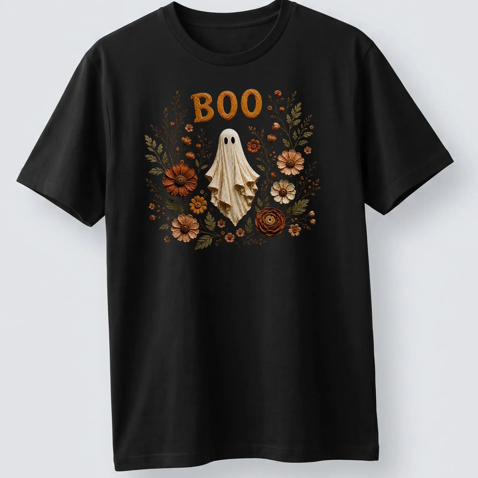 Illustration of a friendly ghost with the text BOO, surrounded by colorful 3D floral accents. — printed on a unisex t-shirt