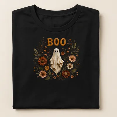 Illustration of a friendly ghost with the text BOO, surrounded by colorful 3D floral accents. — printed on a women's shirt