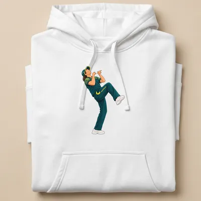 Cartoon of an Australian cricket player breakdancing with bold colors — printed on a unisex hoodie