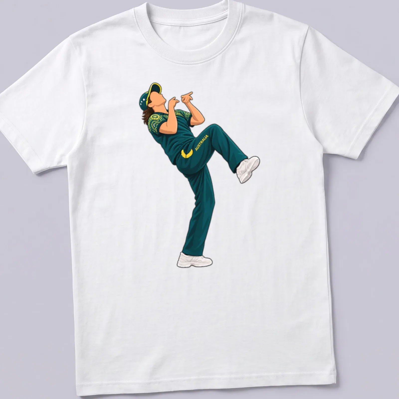 Cartoon of an Australian cricket player breakdancing with bold colors — printed on a unisex t-shirt