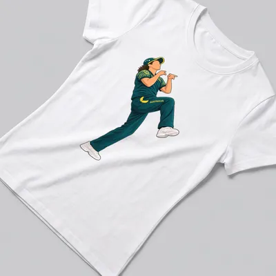 Cartoon of an Australian cricket player breakdancing with bold colors — printed on a women's shirt