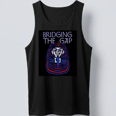 Vintage Pharaoh t-shirt with bold text Bridging The Gap in black, blue, red, and white. — printed on a tank top