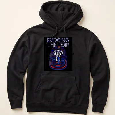 Vintage Pharaoh t-shirt with bold text Bridging The Gap in black, blue, red, and white. — printed on a unisex hoodie