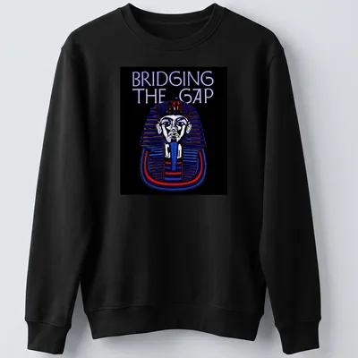 Vintage Pharaoh t-shirt with bold text Bridging The Gap in black, blue, red, and white. — printed on a unisex sweatshirt