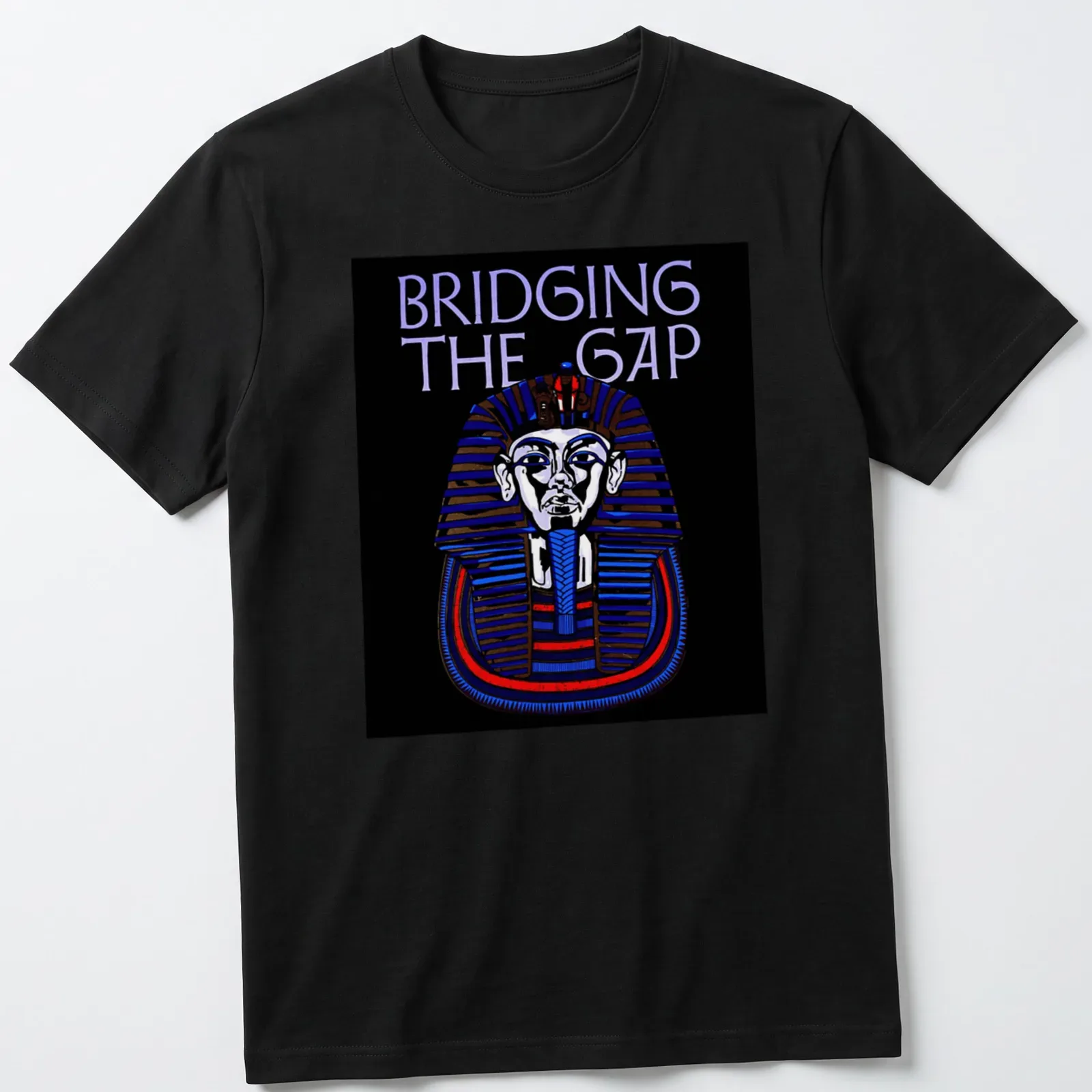 Vintage Pharaoh t-shirt with bold text Bridging The Gap in black, blue, red, and white. — printed on a unisex t-shirt