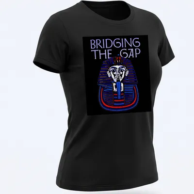 Vintage Pharaoh t-shirt with bold text Bridging The Gap in black, blue, red, and white. — printed on a women's shirt