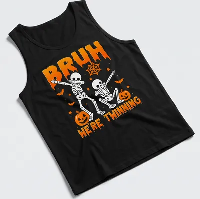 Playful cartoon skeletons with the text Bruh We're Twinning in orange and black — printed on a tank top