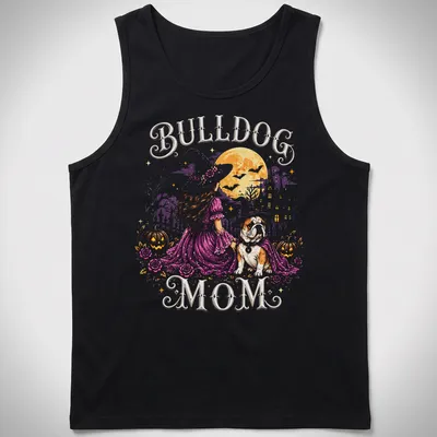 Whimsical illustration of a bulldog as a witch with crescent moon, vibrant colors — printed on a tank top