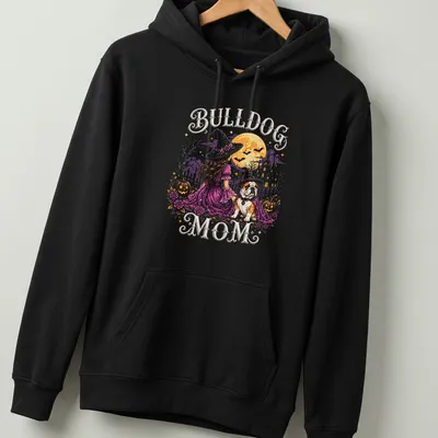Whimsical illustration of a bulldog as a witch with crescent moon, vibrant colors — printed on a unisex hoodie