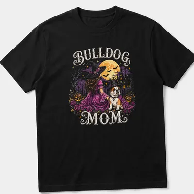 Whimsical illustration of a bulldog as a witch with crescent moon, vibrant colors