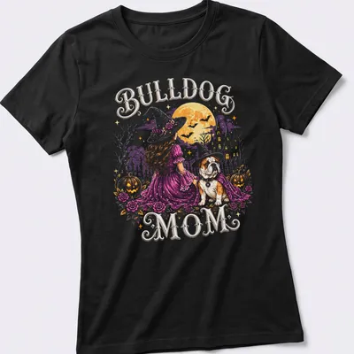 Whimsical illustration of a bulldog as a witch with crescent moon, vibrant colors — printed on a women's shirt